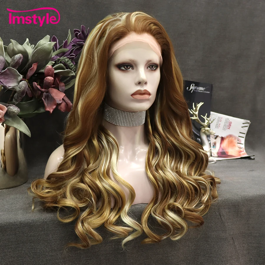 Imstyle-peluca sintética con malla frontal para mujer, postizo largo ondulado Natural, color marrón y Rubio, resistente al calor, uso diario