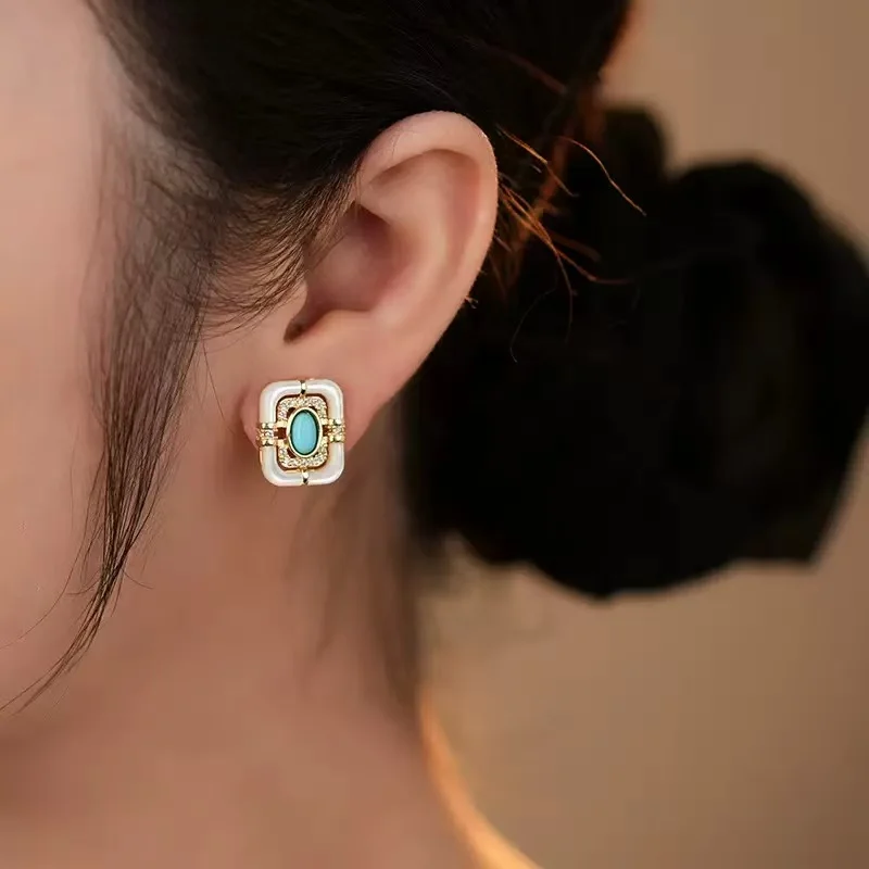 

Vintage Fashion Rectangle Stud Earrings for Women - Natural Shell,/Turquoise/Tiger Eye, Zircon 18K Gold Plated Women's Jewelry