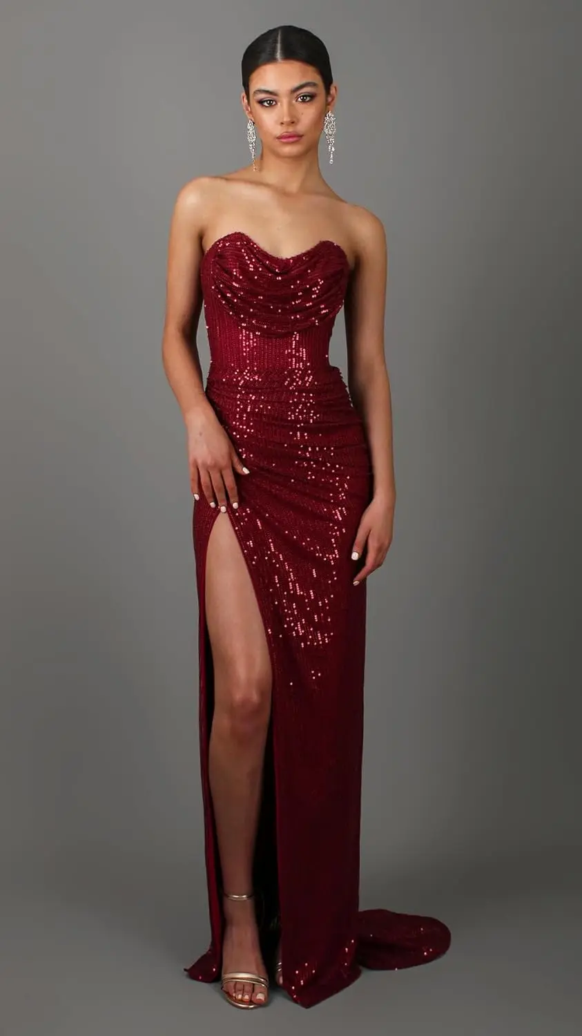 

Sexy Sparkly Long Sequin Prom Dress for Women Sweetheart Neck Bodycon Dresses Sweep Train Evening Party Gowns فساتين حفلة موسيقي