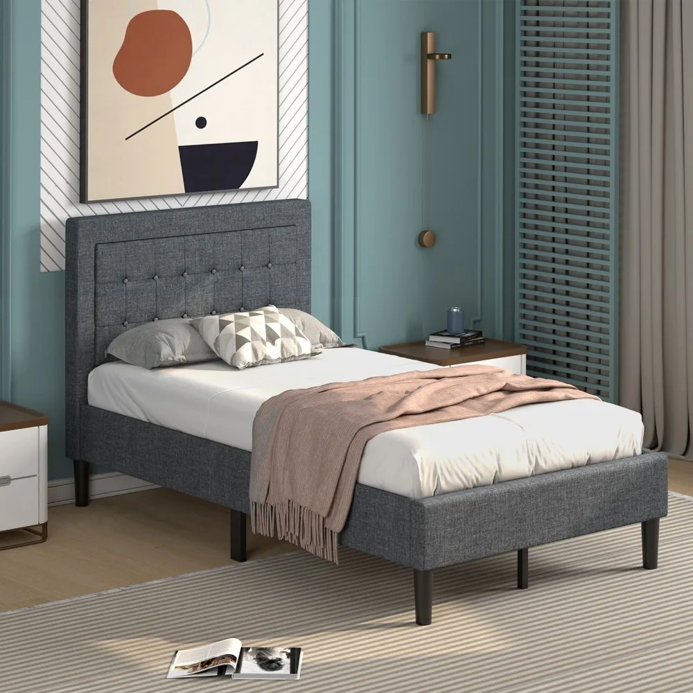 

Button Tufted Headboard Mattress Foundation Twin Size Upholstered Bed Frame Grey