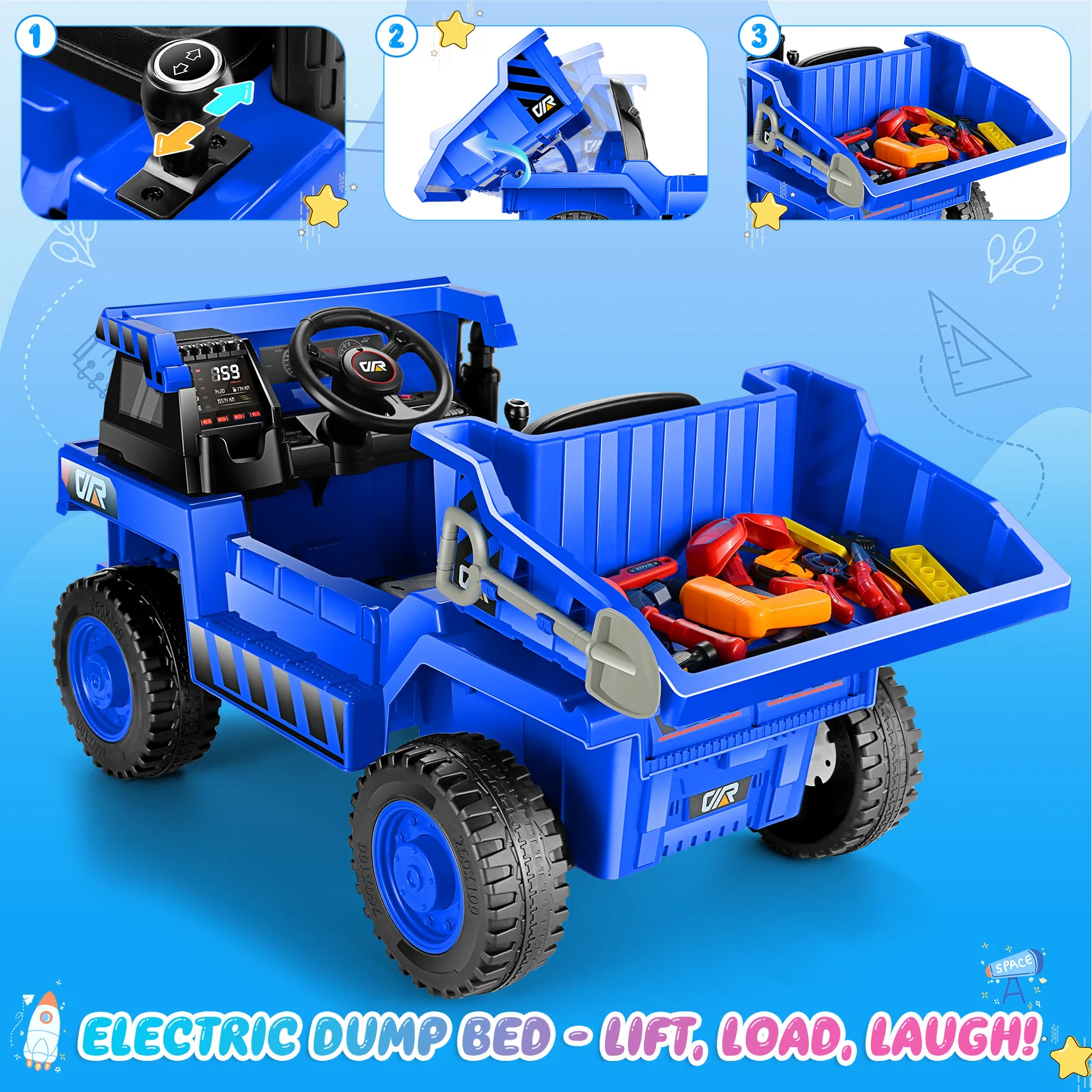 12V Ride on Toys for Toddlers, Ride on dumper auto elettrica per bambini 4WD Ride on Cars, dumper elettrico, pala, musica