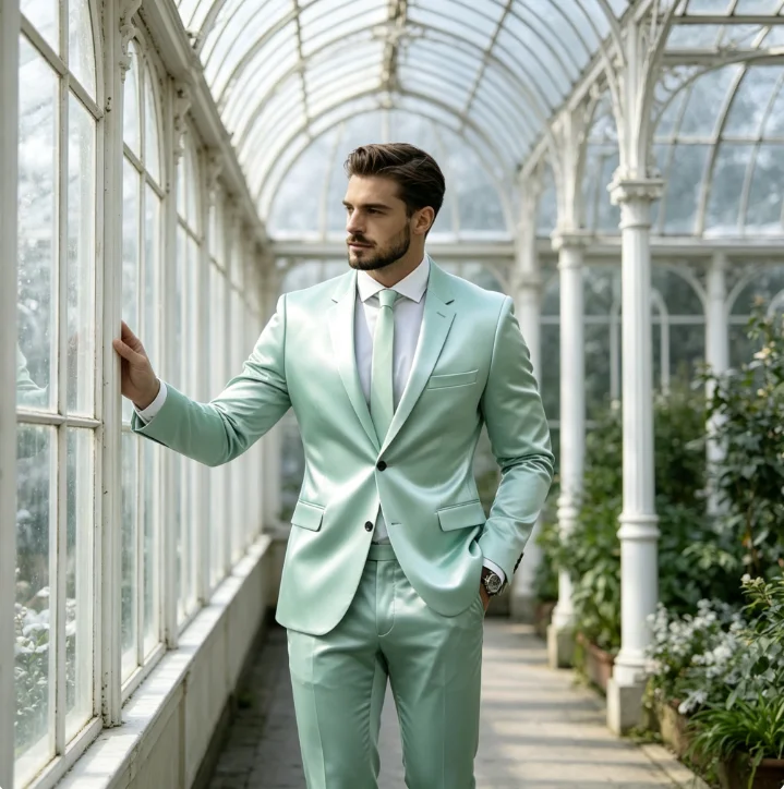 New Mint Green Acetate Satin Men Suit Party Prom Special Business Groom Groomsman Wedding Male Tuxedos 2 Piece Set Blazer Pants