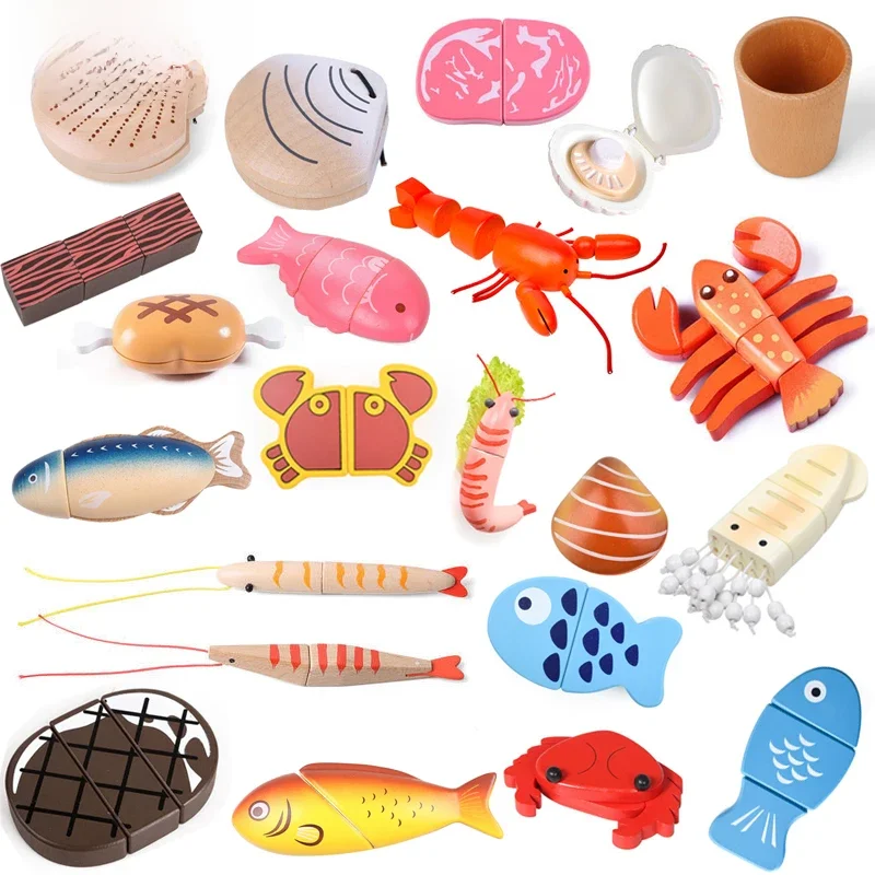 Nowa symulacja Montessori zwierząt magnetyczny domek do zabawy ryba krewetka krab muszla przyprawa Sashimi zabawka do pieczenia drewniane zabawki edukacyjne — zdjęcie 2