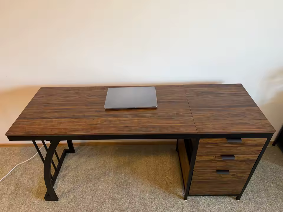 Compact Muji style computer workstation desk with reversible 3 drawer storage system