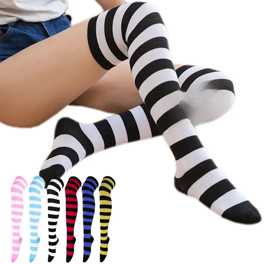 Mode dame sur le genou longues rayures imprimé bas cuisse haute rayé à motifs coton chaussettes chaussettes pour noël