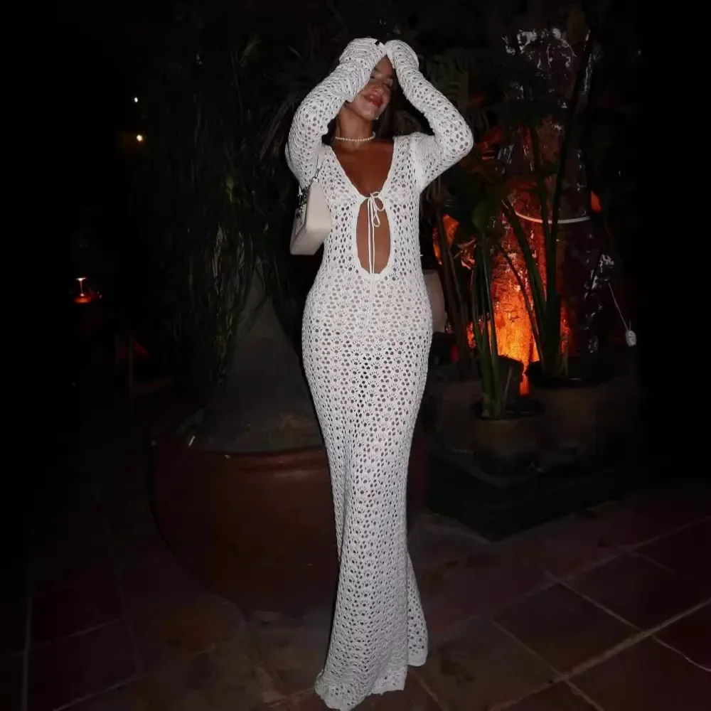 DSMTRC Women Sexy Hollow Out Slim Maxi Boho Holiday White Knitted Beach Dresses Summer Long Sleeve Bikini Cover Up Dress 2024 — zdjęcie 2