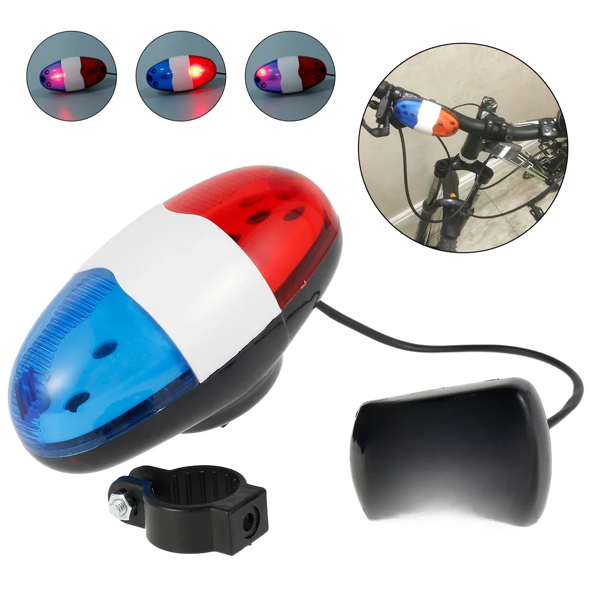 AliExpress Bicycle Police Siren 4 Sounds Melody Bicycle Power Horn Siren Bell 6-LED Strobe Blue and Red Bicycle