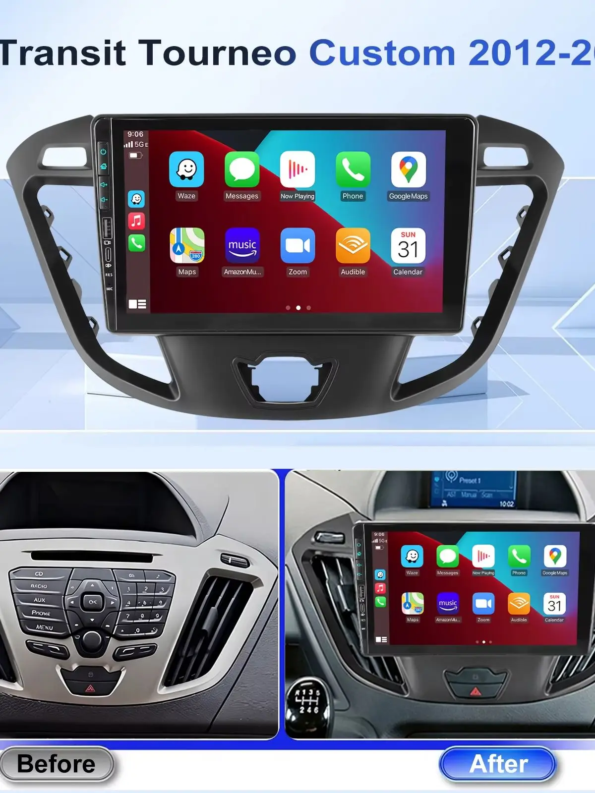 ESSGOO 9" 64G Android 15 für Ford Transit Custom 2012-2021, kabelloses Carplay, Android Auto, Autoradio, GPS-Navigation, USB Typ-C, FM, Bluetooth, WiFi, RDS, ASP, Mirror Link, SWC, QLED-Touchscreen,