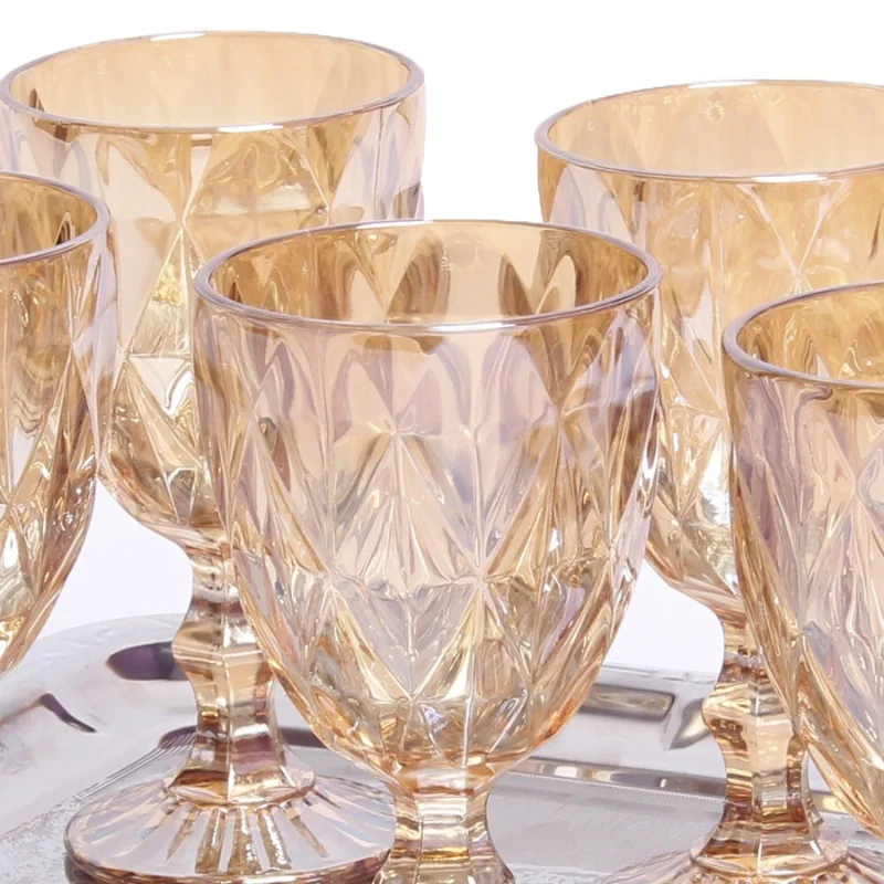 Set of 6 Cups Diamond Glass Cup (Diamond Blue, Diamond Golden, Diamond Smoke, Diamond Transparent, Diamond Brown)