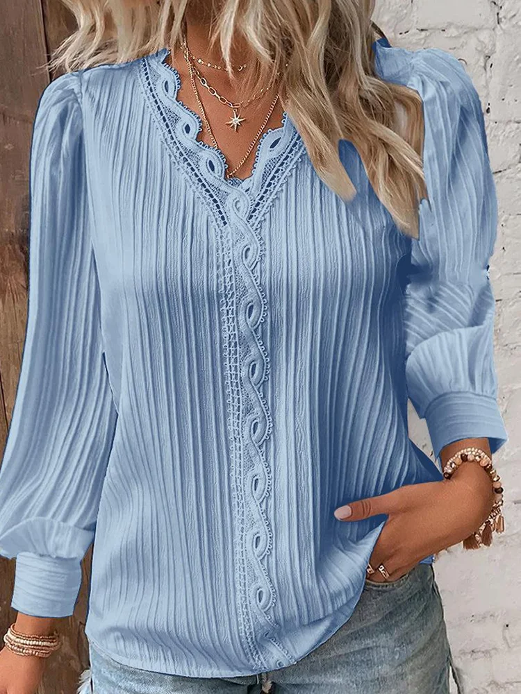 Long Sleeve V-Neck Fine Elegant Woman Shirts Lace Spliced Hollow Office Lady Blouses Youthful Fashion Loose Streetwear Tops