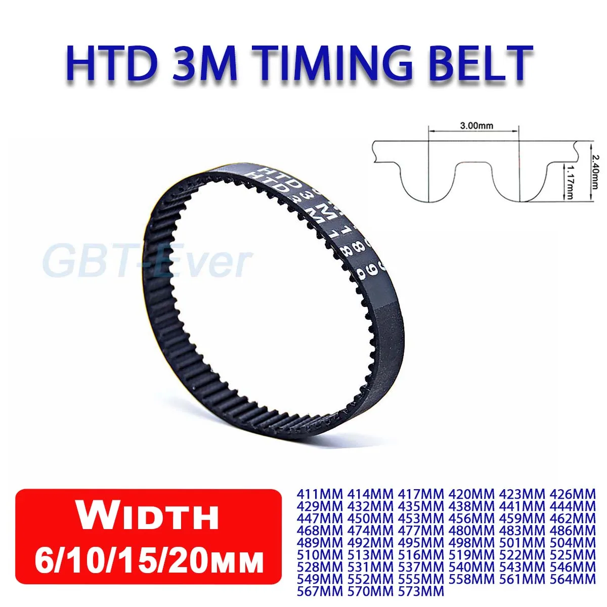 

1Pcs Width 6/10/15/20mm HTD 3M Rubber Arc Tooth Timing Belt Pitch Length 411/414/417/420/423/426 ~ 573mm Closed Synchronous Belt