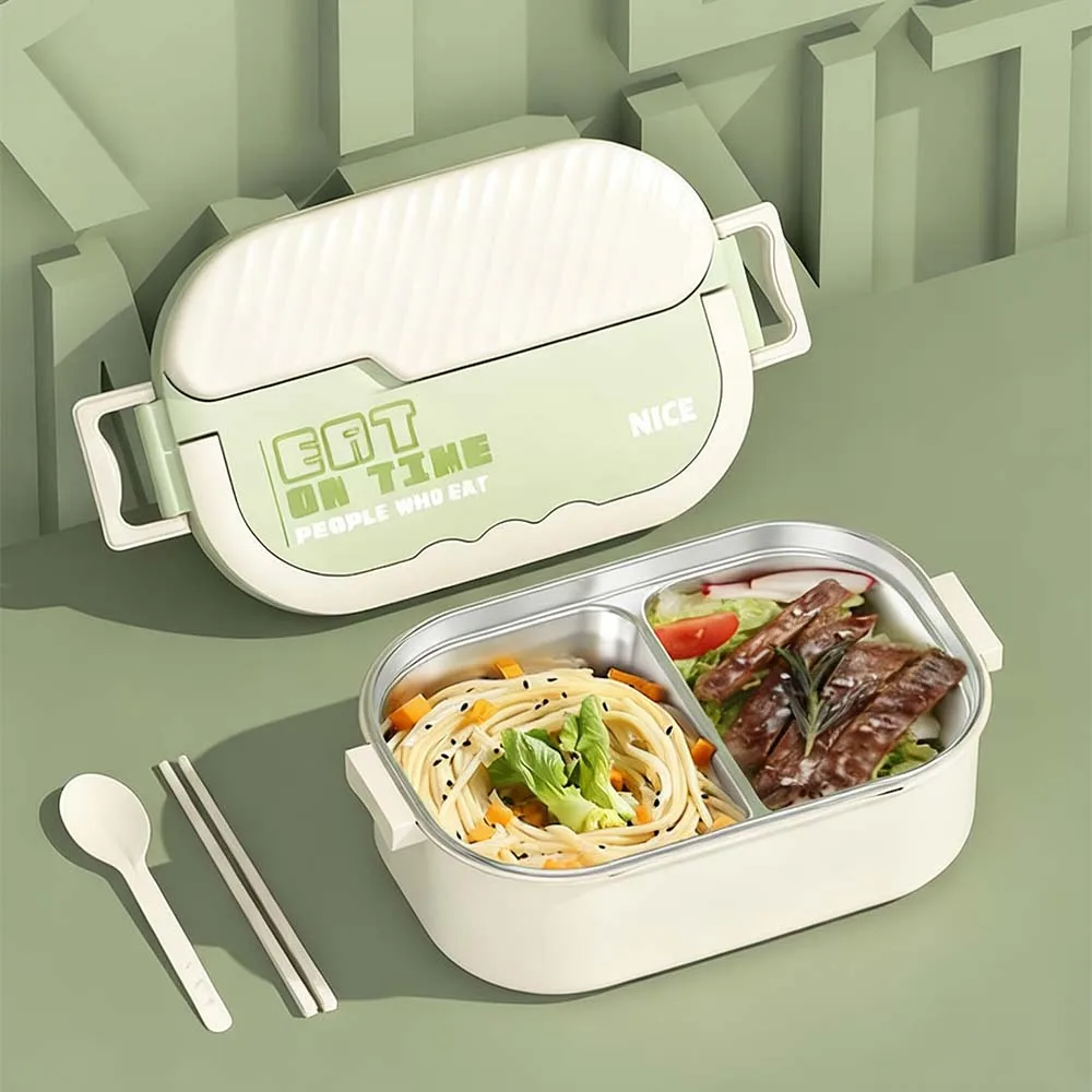 

Коробка для бенто с двойным отделением из нержавеющей стали 304, оснащенная ложкой и палочками для еды, герметичная и герметичная, портативной ручкой.