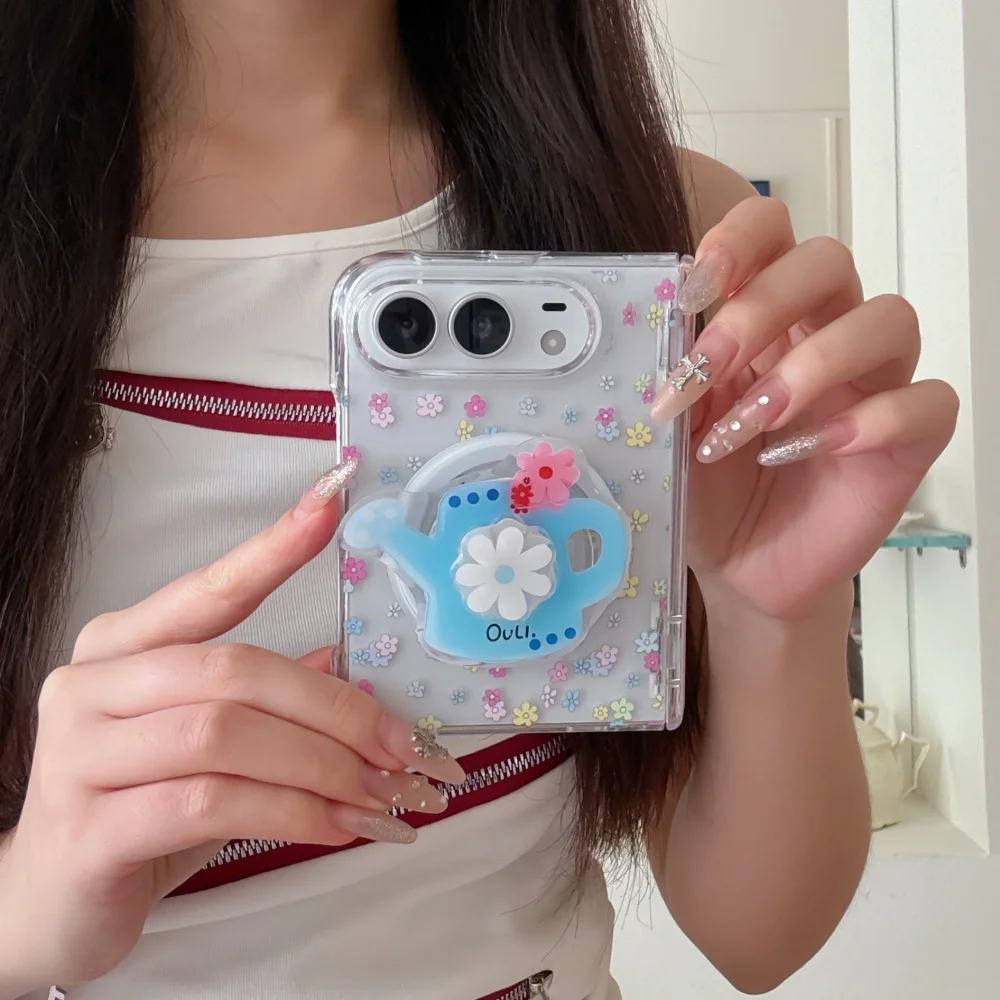 New Korean Ins Colorful Small Flower Phone Case for Apple iPhone Duo Cover with MagSafe Holder Fashion Shockproof Protective Set