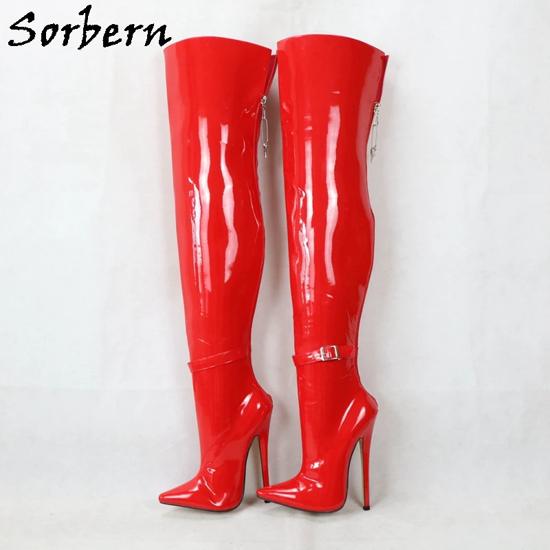 

Sorbern Fresh Red Hard Shaft Boots Over The Knee Buckle Straps Lockable Back Zipper Thick Long Boot Pointed Toe High Heels