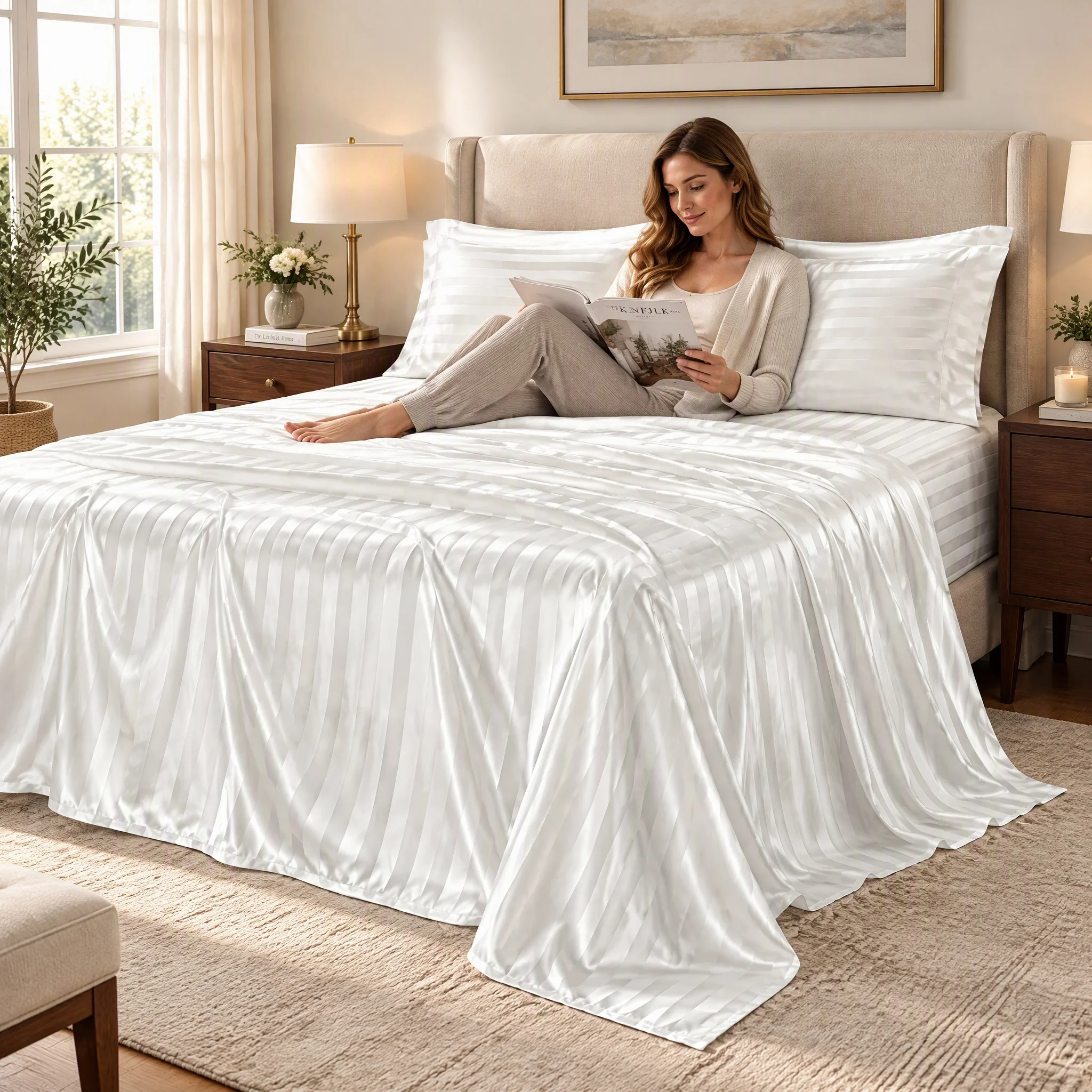 4 Piece Italian Style Striped Bed Sheet Set, Deep Pocket Design, Includes 1 Flat Sheet, 1 Fitted Sheet & 2 Envelope Pillowcases, Stain Resistant Wrinkle Free Bedding Set for Bedroom, Twin/Full/Queen/King Size
