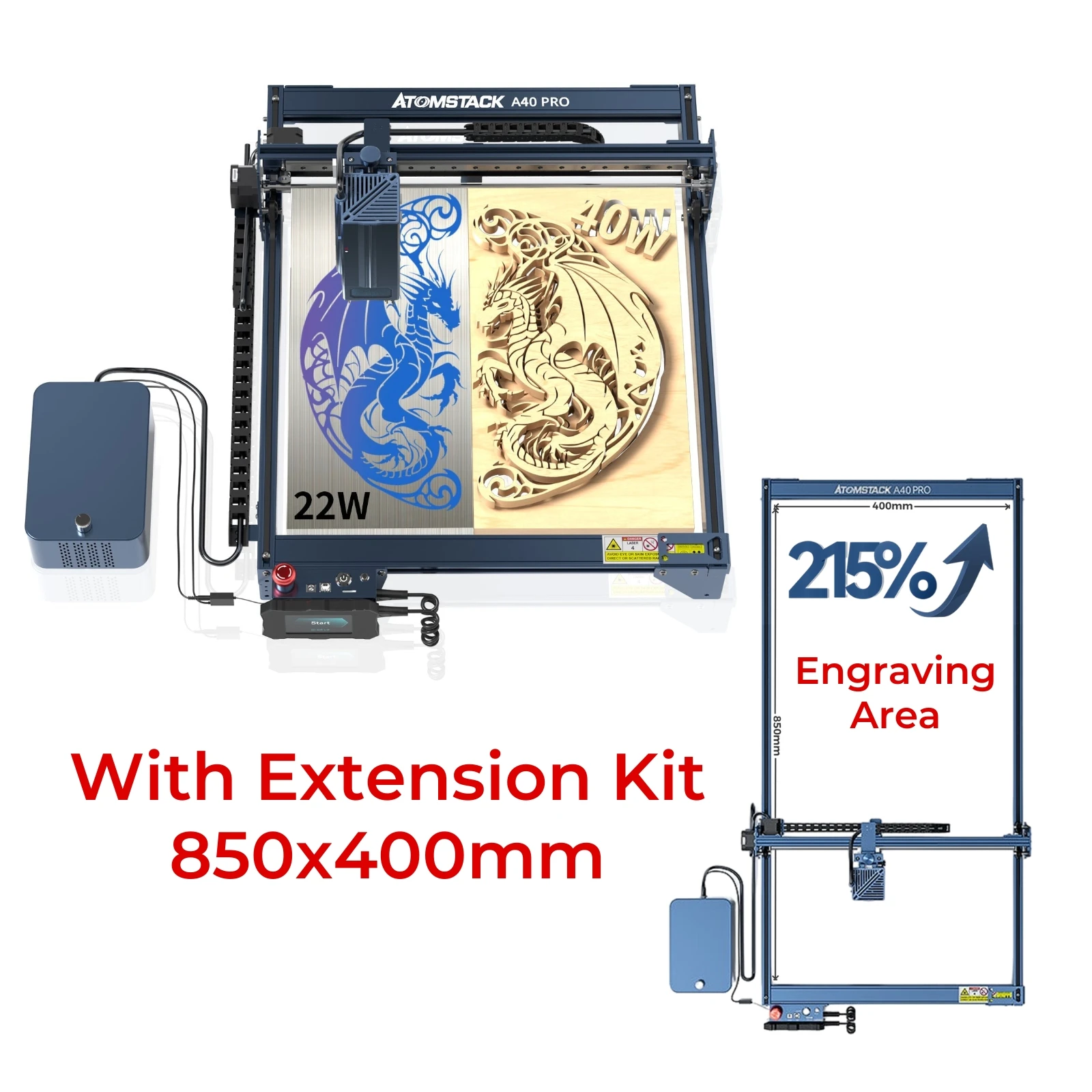 

AtomStack A40 X40 S40 Pro 210w Laser Engraving Machine With F60 Air Assist With Extension Kit Expansion Rod 850*400mm Large Area