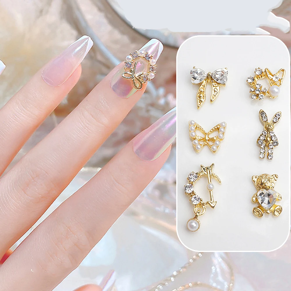 10Pcs Garland Bowknot Pearl Zircon Nail Art Charms 3D Alloy Christmas Wreath Design Crystals Nail Rhinestone DIY Nail Decoration