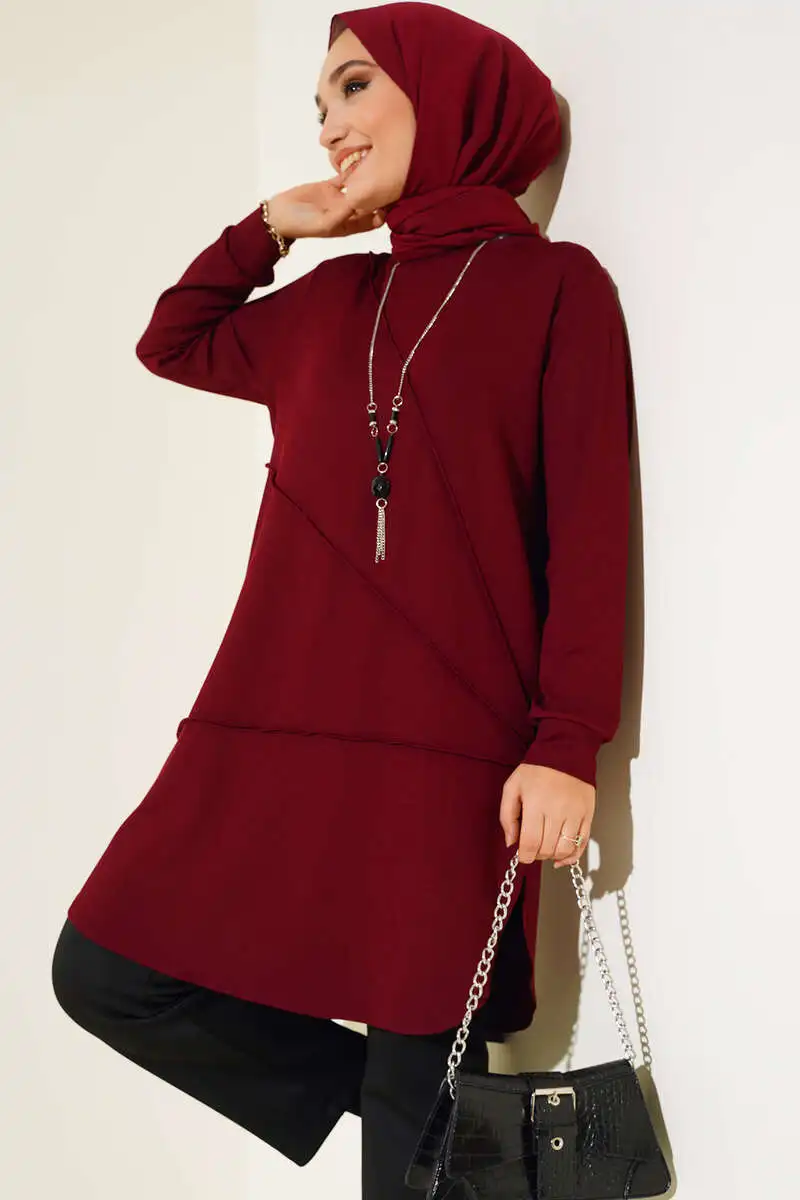 Fashion Women Ribbed Necklace Detail Tunic Hijab Abaya Dubai Muslim Dress Long Sleeve 2024 Autumn Blouses Muslim Top Oversize