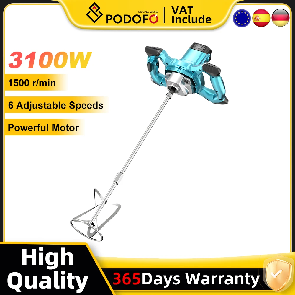 Mélangeur à ciment électrique Podofo 1200W, mélangeur à mortier robuste avec 6 vitesses variables, mélangeur à pales pour béton, plâtre, peinture, boue, coulis, outil de mélange de matériaux de construction
