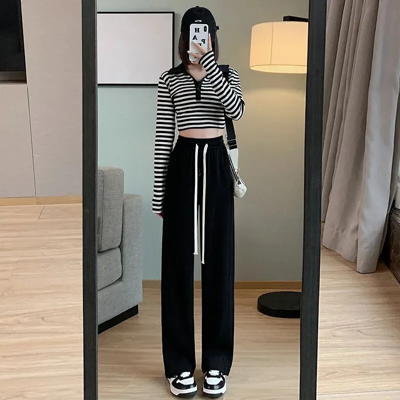 Damen High-Waist Loose Sweatpants mit Kordelzug, Harem-Stil, lässige gerade Hose, weite Baggy-Hose in Grau und Schwarz, Bodenlange Hose – Detail 9