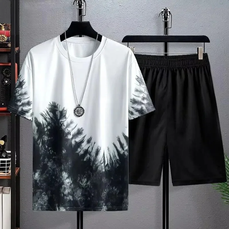 Letnie szybkoschnące zestawy męskie modne dresy Casual oddychająca koszulka sportowa z krótkim rękawem z nadrukiem 3D + spodenki zestaw do koszykówki — zdjęcie 2