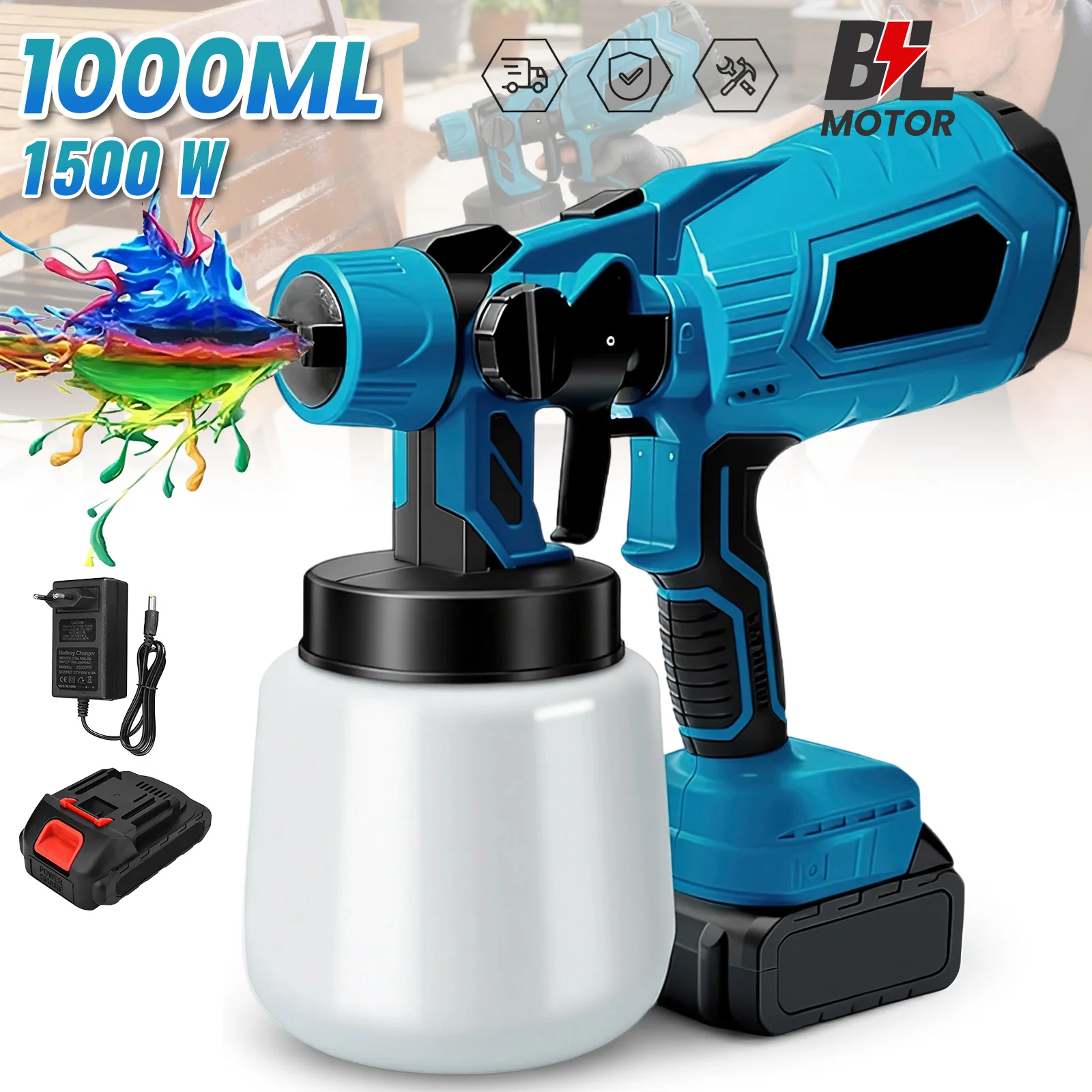 1000ML kabellose elektrische Spritzpistole, tragbare Farbspritzmaschine für den Heimgebrauch, geeignet für Autolackierung, Möbelbeschichtung, Stahlbeschichtung, kompatibel mit Makita 18V Akku.