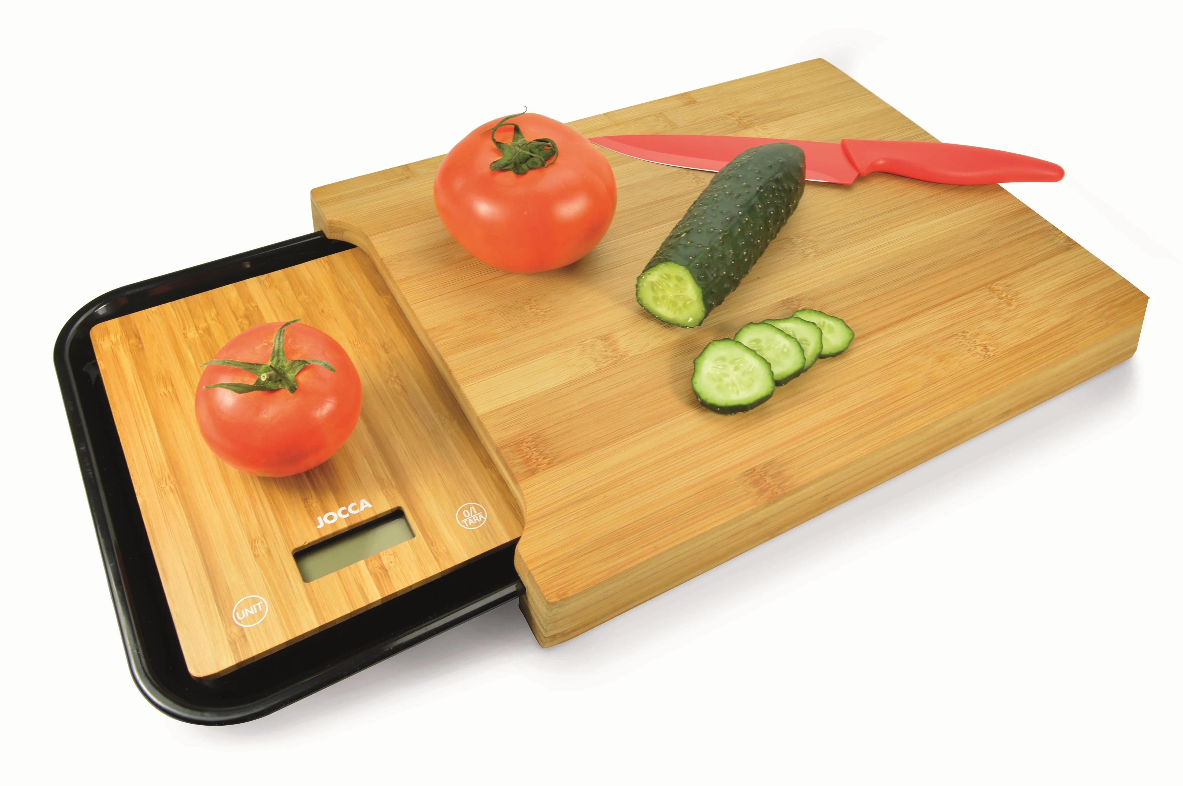 JOCCA brand bamboo cutting board with multipurpose tray in black COLOR and kitchen DIGITAL scale that supports up to 5KG. Tool for cutting meats, PESACADOS, vegetables, fruits, sausages or cheeses.