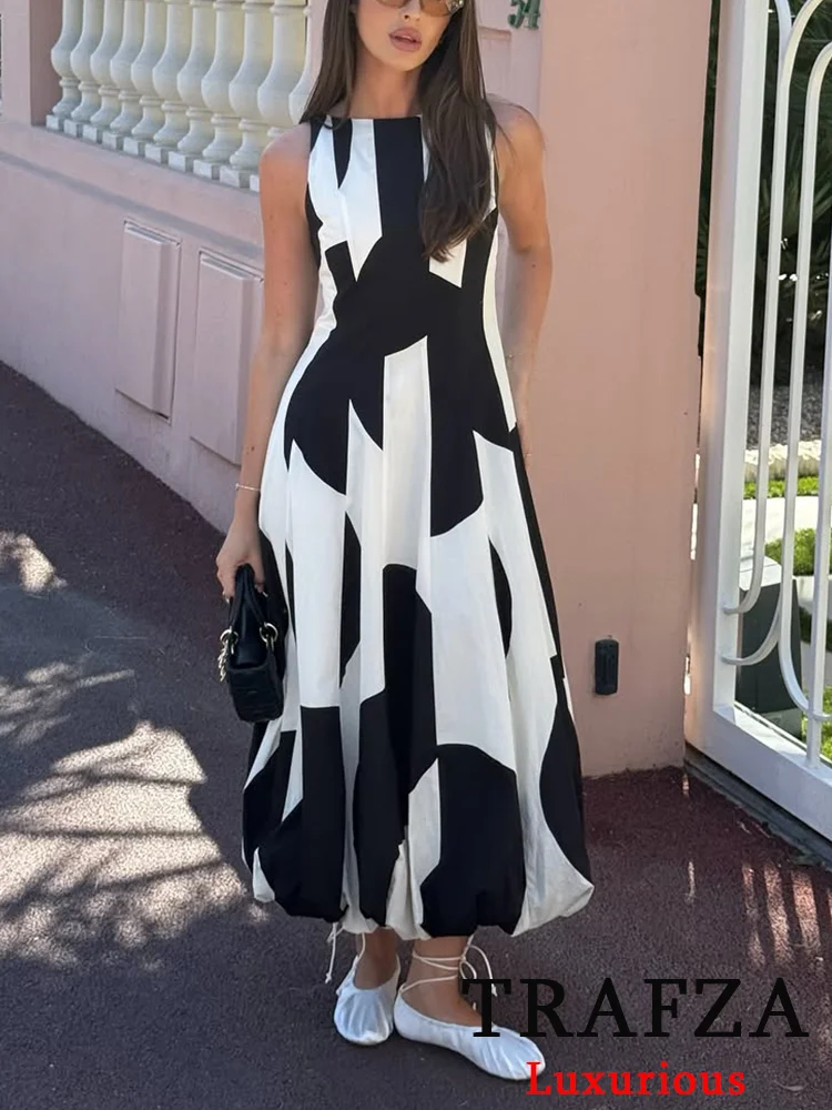 

TRAFZA Casual Chic Women Dress Printing O-Neck Folds Long Loose Zipper Vestidos New Fashion 2025 Summer Holiday Female Dress