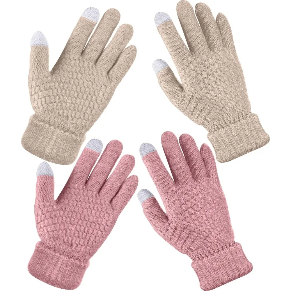 

2 пары женских зимних перчаток с сенсорным экраном, мягкие теплые вязаные перчатки с флисовой подкладкой и эластичными манжетами, зимние перчатки для текстовых сообщений