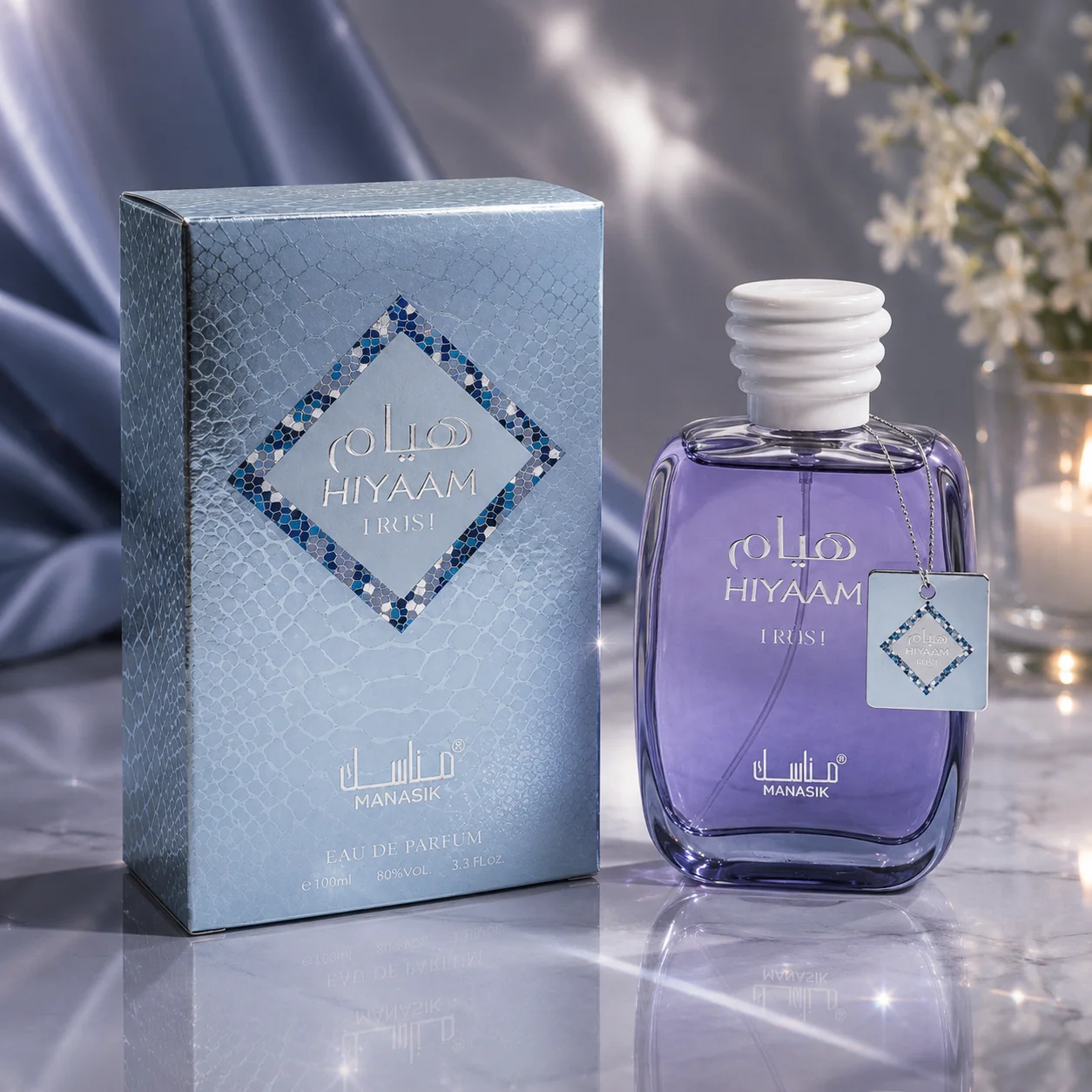 Parfum Hiyaam Frost 100 ml - Manasik. Parfum oriental frais avec des notes aquatiques, des touches d'agrumes glacés et une base douce de musc et de bois légers.