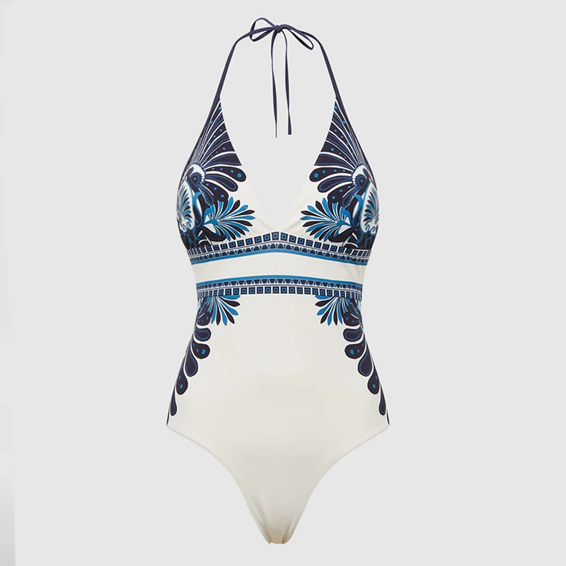 2024 Swimsuit Halter V Neck Printed One Piece Swimwear Women Vacation Beachwear Luxury Bathing Suit Sexy Bikini Monokini