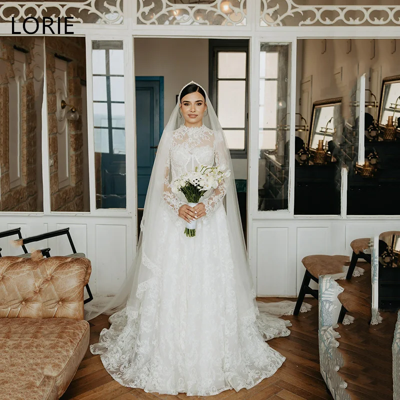 LORIE Изысканное тюлевое кружевное свадебное платье с корсетом и длинными рукавами, платья для выпускного вечера невесты, свадебное платье трапециевидной формы длиной до пола, 2025, по индивидуальному заказу