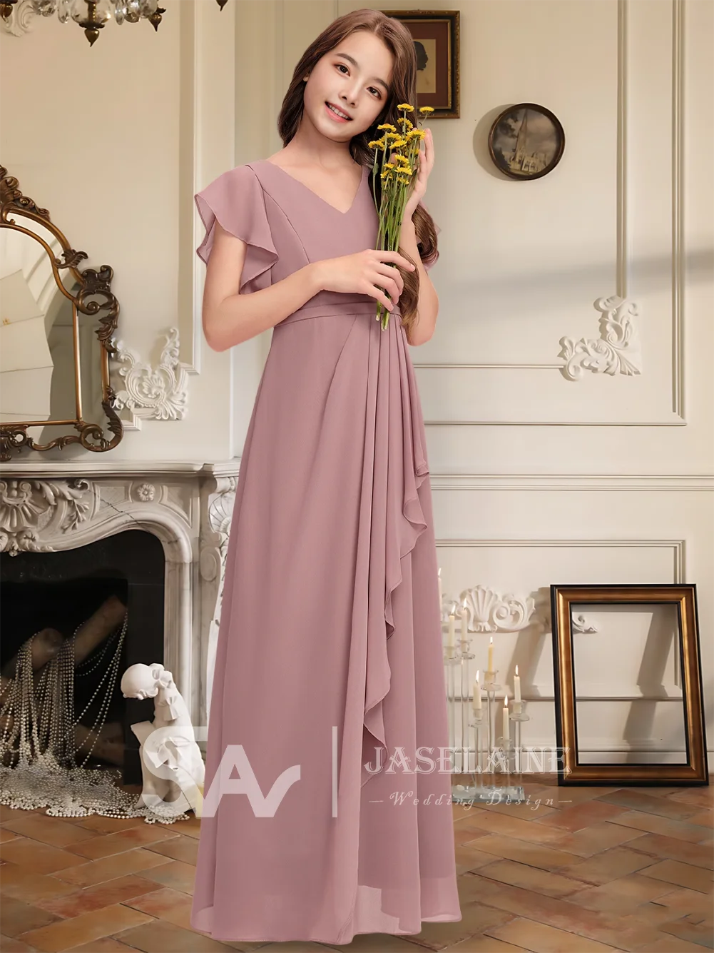 A-Line V-Neck Floor-Length Chiffon Junior Bridesmaid Dress With Cascading Ruffles Flower Girl Dress Girls Party Wedding Formal