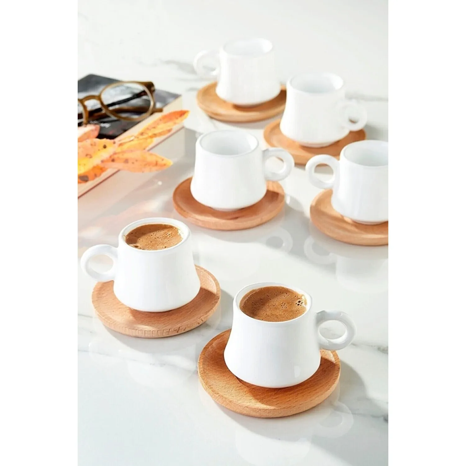 12 Turkish Coffee Espresso Bamboo Porcelain Set with Saucer Plate Mug Tea Cup Serving Gift Home Decoration Kitchen Accessories