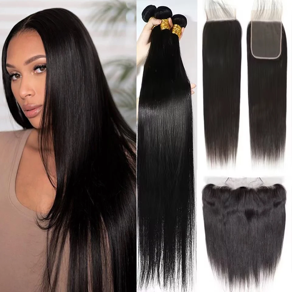 Glattes Echthaar-Extensions-Set 12-32 Zoll mit 13x4 Lace Frontal, brasilianisches 100% Echthaar, Haarverschluss 4x4 5x5