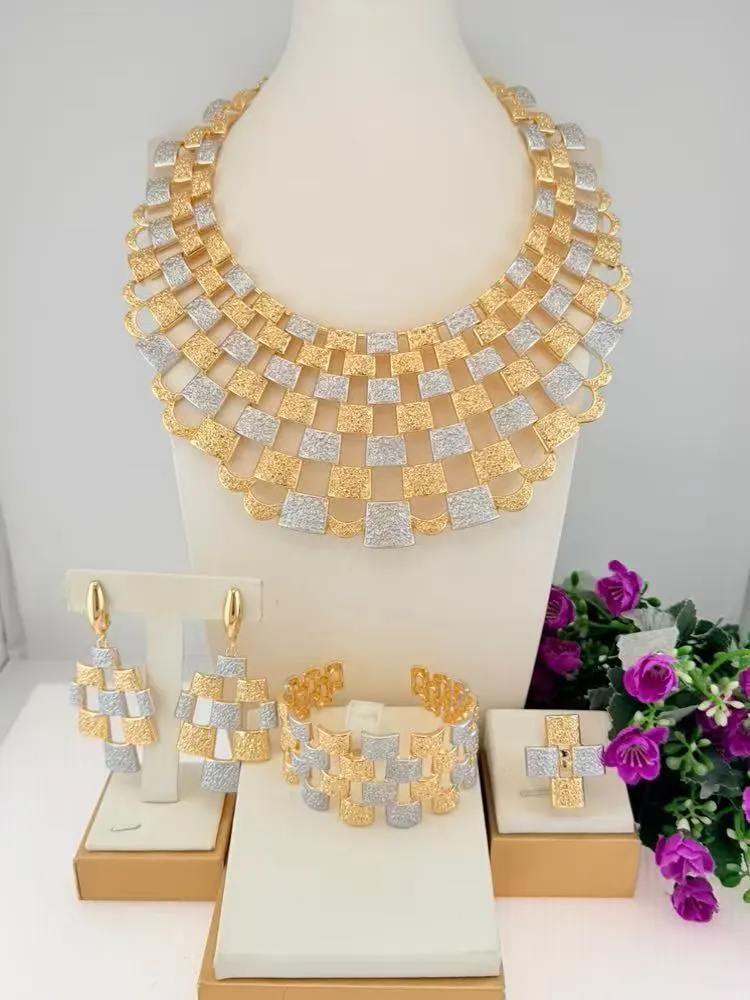 The Latest Geometric Two Tone Italian Jewelry Statement Popular Collar Brazalete Aretes Anillo 4PC Jewels Set for Wedding Party