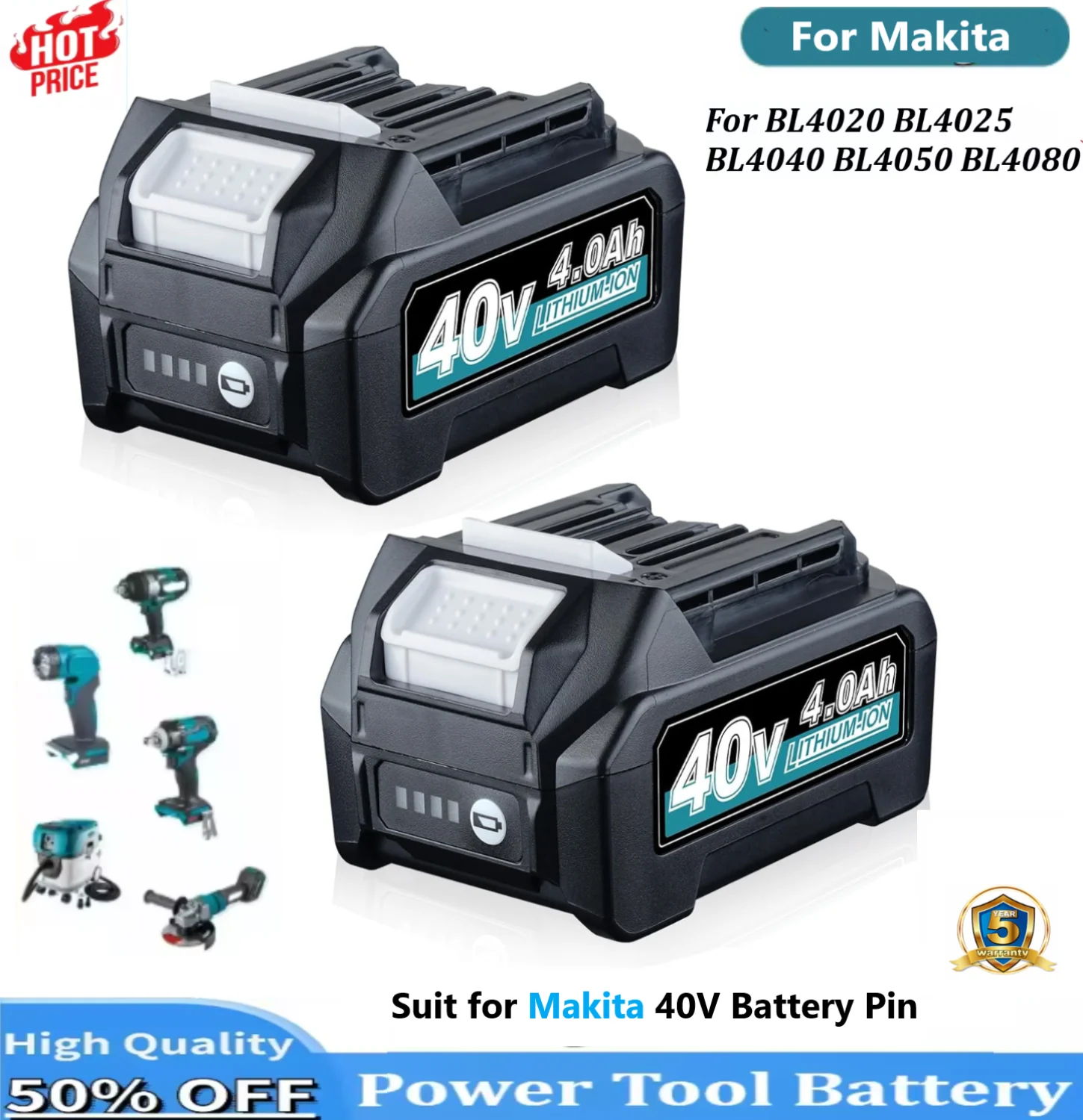 

2 шт. BL4050 BL4040 4,0 Ач 40 В XGT аккумулятор MAK40V Замена для Makita BL4050F BL4025 40 В литий-ионный аккумулятор Pin