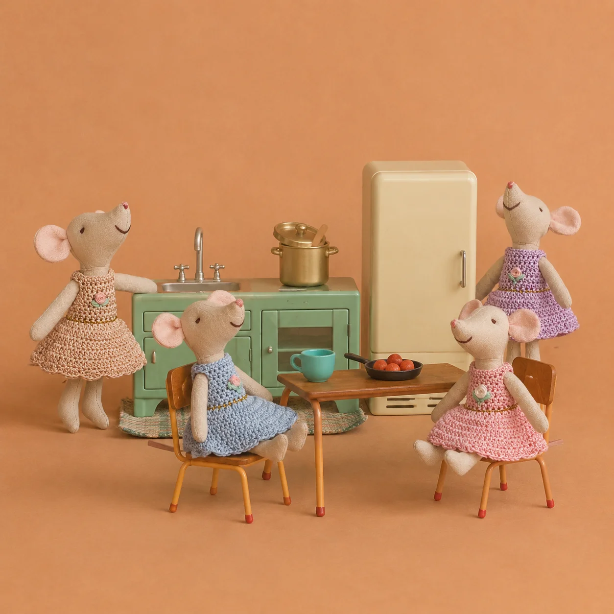 Handmade Linen Mouse Doll Family Set Crochet Dress Soft Fabric Animal Toy Montessori Pretend Play Doll Children's Birthday Gift