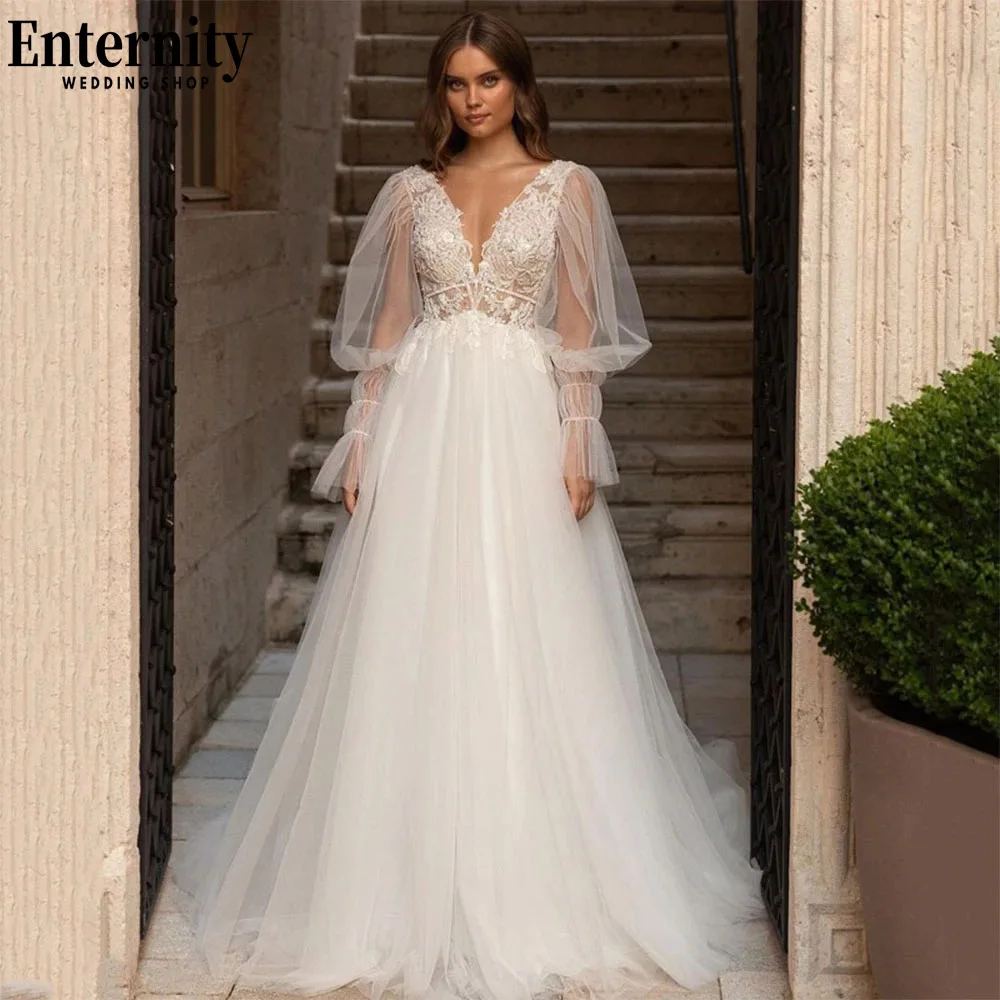 

Pretty Deep V Neck A Line Wedding Dress Puffy Long Sleeves Bridal Gowns Open Back Appliques Sweep Train Vestidos De Novia