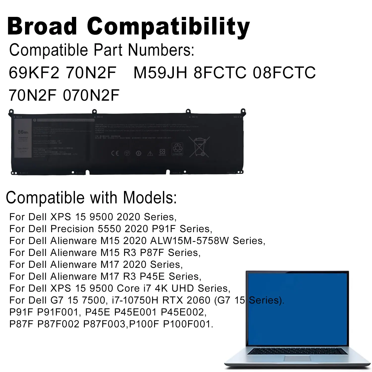 DXT بطارية جديدة 69KF2 لديل XPS 15 9500 9510 9520 9530 الدقة 5550 5560 G15 5510 5511 5520 5515 5521 G7 15 7500 P91F P87F