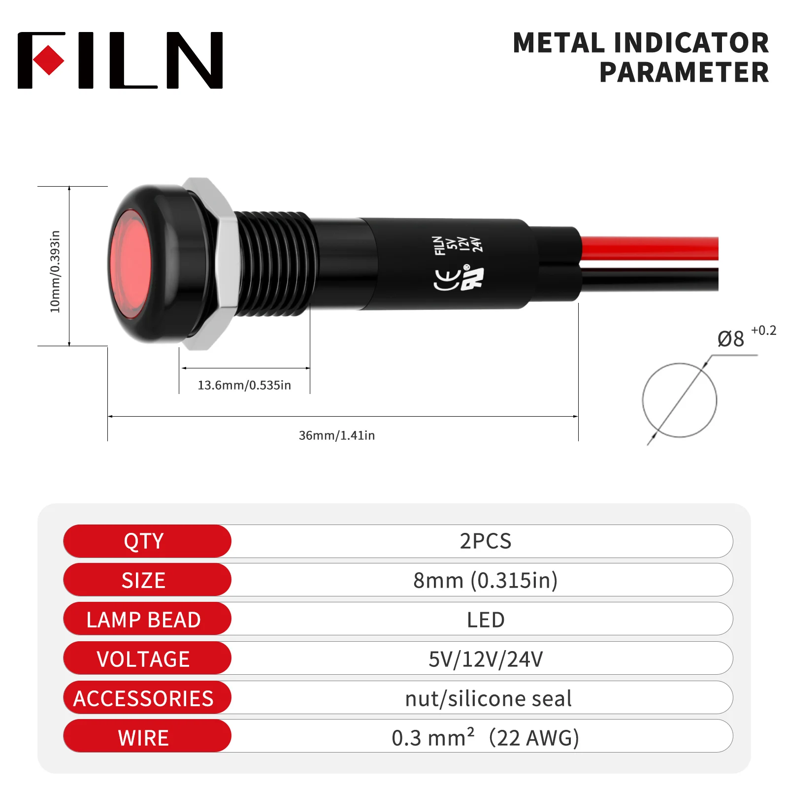 FILN 8mm Sembol LED Gösterge Lambası 12V 24V Siyah Metal Gösterge Paneli Pilot Lambası Kablolu Araba Gösterge Paneli Ruck Makineleri