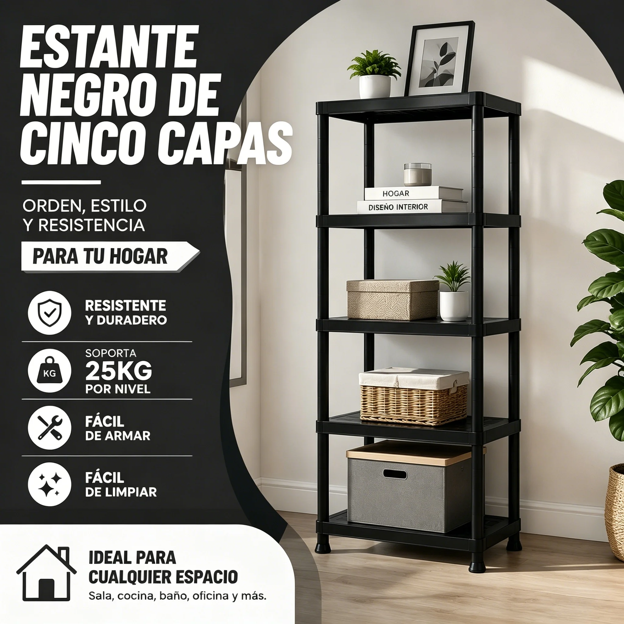 Étagère de rangement en plastique renforcé noir, disponible en 3, 4 et 5 niveaux, dimensions de base 30×60 cm, charge maximale 25 kg par niveau, étagère multifonctionnelle imperméable pour cuisine, salle de bain, chambre, entrée, bureau et terrasse, montage simple sans outils