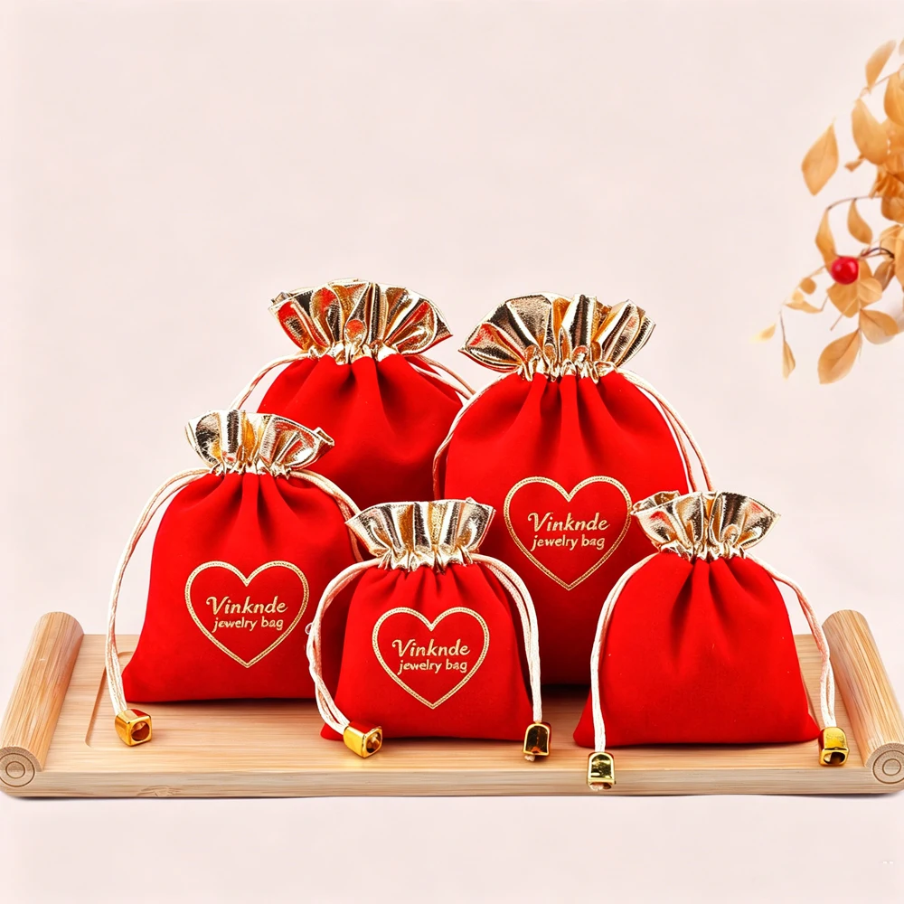 

50/100Pcs Jewerlry Packaging Bag Custom Logo Wholesale Red Velvet Drawstring Bags Buddha Beads Earrings Brooch Key Candy Pouch