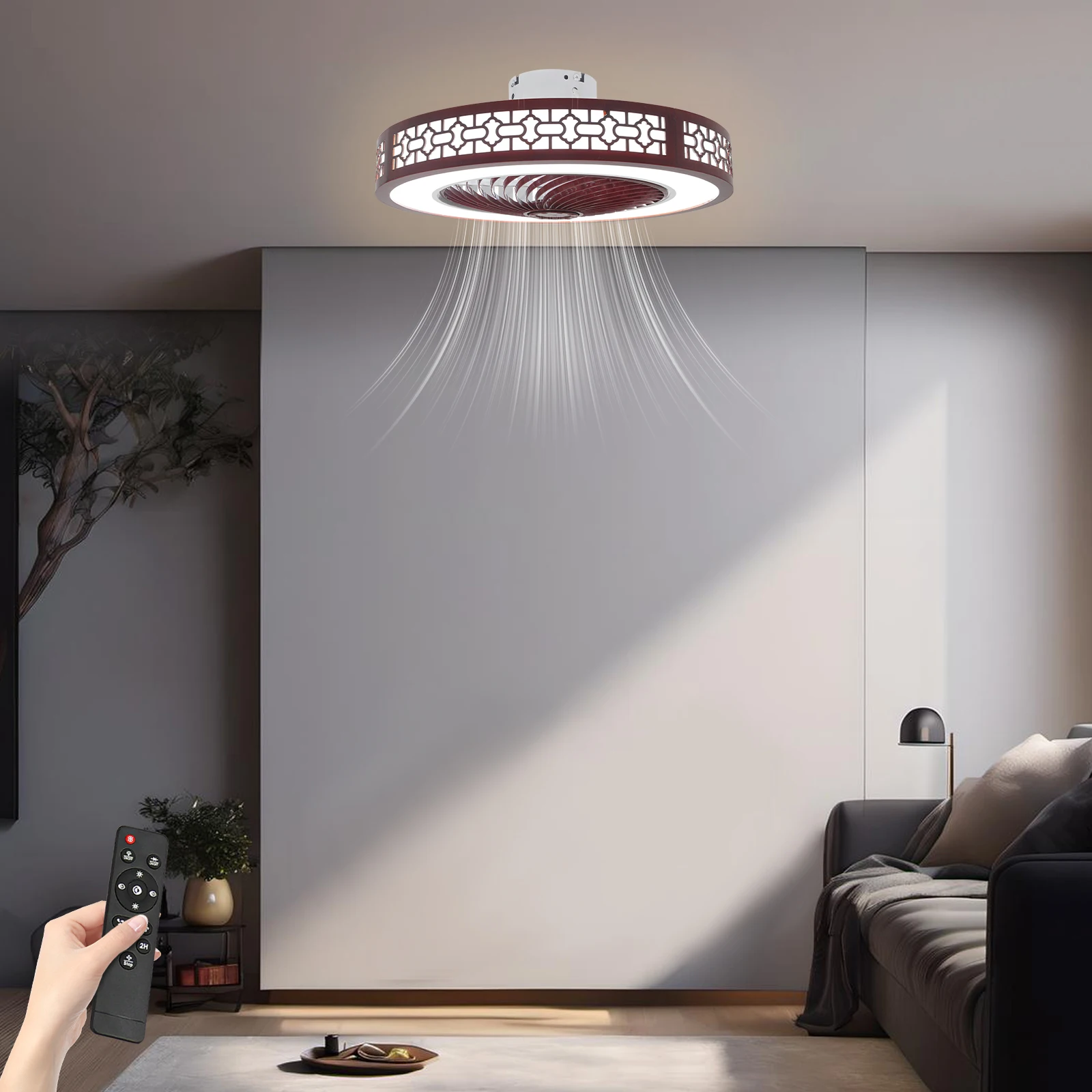 Modern Bladeless Ceiling Fan with Light, Flush Remote, 22