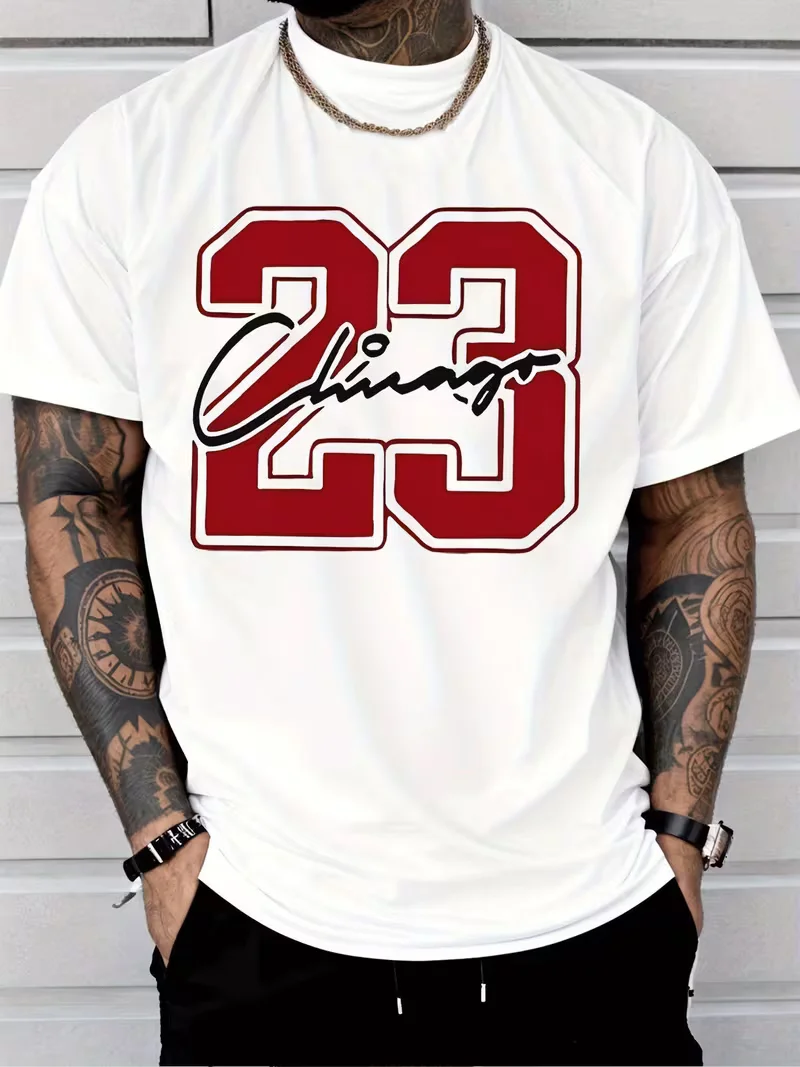 Chicago 23 Number Graphic T‑Shirt, Vintage Varsity Red 23 Chicago Signature Print Short Sleeve Tee, Retro Basketball Streetwear Casual T‑Shirt for Men