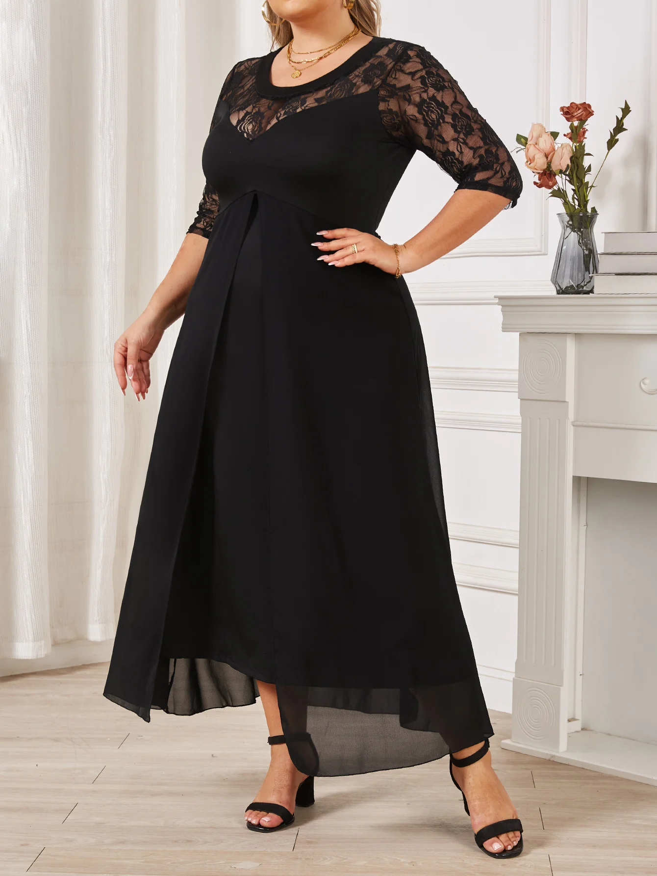 Summer Black Long Dress Female Lace Patchwork See Through Sexy Elegant and Pretty Women\'s Dresses Plus Size Women Clothing