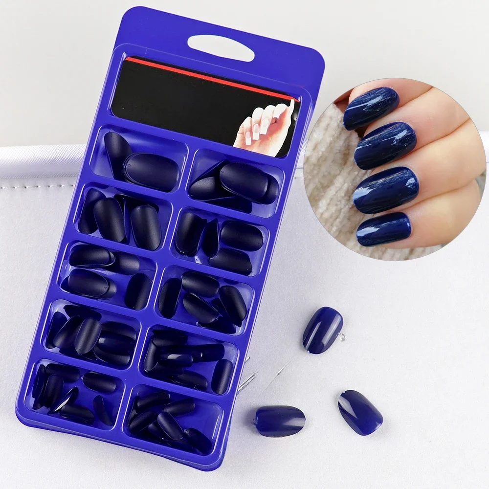 100 pièces faux ongles ovales bleu foncé court acrylique presse sur ongles couverture complète faux ongles Art conseils manucure outils pour ongles artificiels