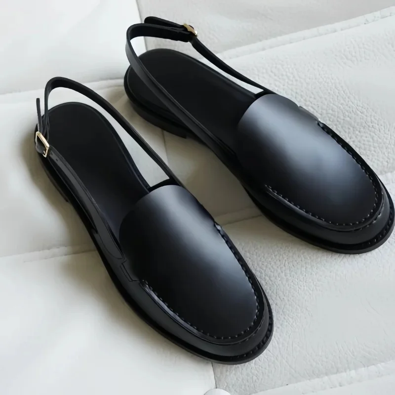Gesp Schoenen voor Dames Ronde Tenen Dikke Mid Hakken Naailijnen Vrouwelijke Sandalen Achterband Leer Zapatos Mujer Effen Chassure - afbeelding 2