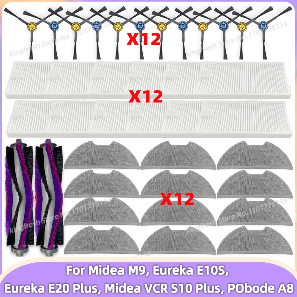 Compatível com ( Midea M9, Eureka E10S, Eureka E20 Plus, Midea VCR S10 Plus, Obode A8 ) Peças de Aspirador Rolo Principal Escova Lateral Filtro HEPA