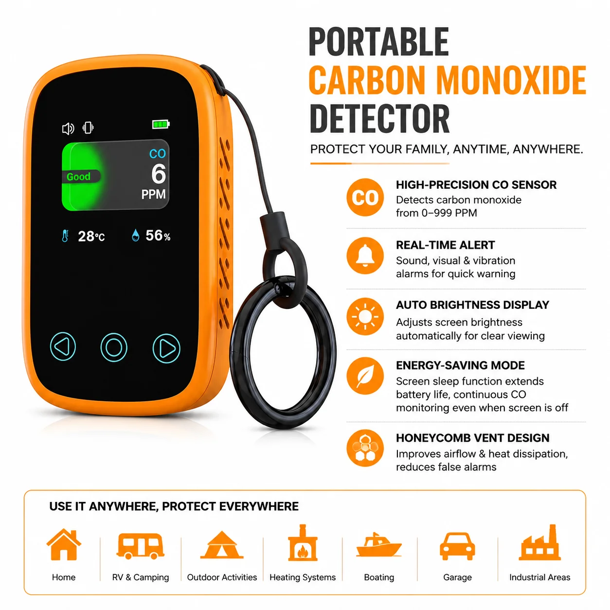PV19-CO,Carbon monoxide detector,0~999 PPM,temperature,humidity,touch screen,rechargeable,LCD screen,Gas detector,portable